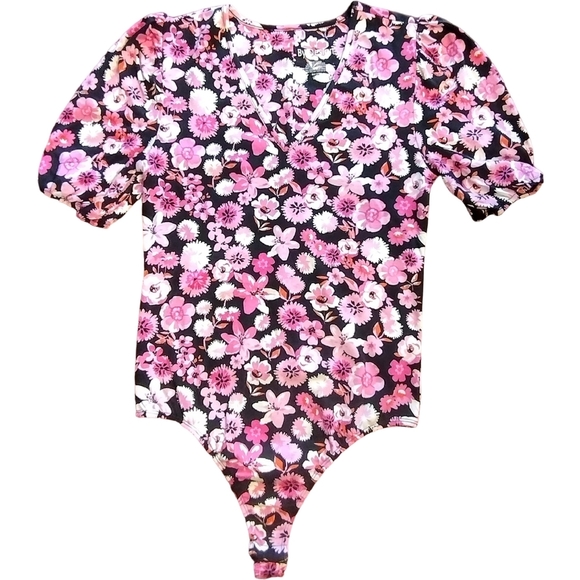 By Design Floral V-Neck Puff Sleeve Bodysuit, Size M, Black/Pink/White - Picture 1 of 5